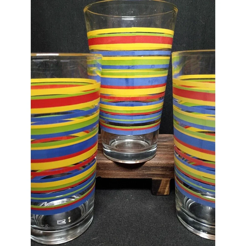 Vintage Libbey Mambo Fiesta Rainbow Stripe 16oz Tumblers Set of 5 Retro